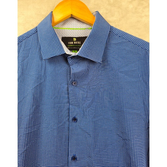 Tom Baine Performance Shirt Mens XL Slim Fuit Blue Geometric Stars 4 Way Stretch - Picture 1 of 6
